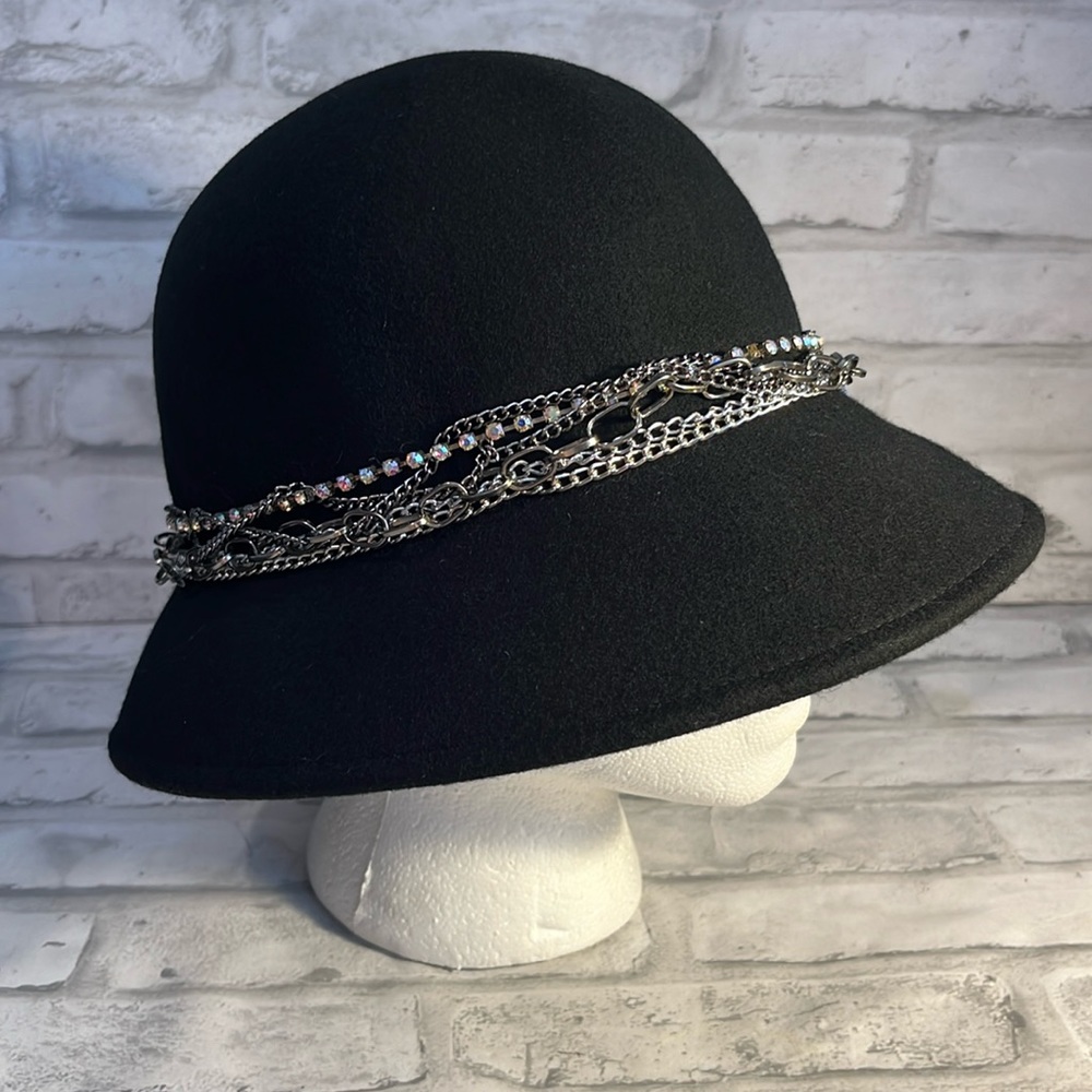 Vintage Cappelli black wool felt bucket hat  bling silver chains fake diamonds